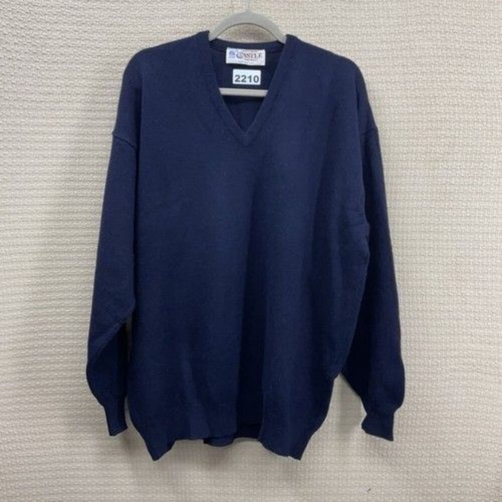 Castle Of Ireland Knitwear 100% Lambs Wool V-Neck Sweater Men Size 48 XL Blue